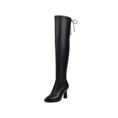 Chunky Heels Pointed Toe Autumn Pull On Knee High Boots - Black