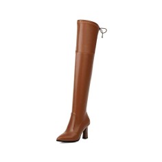 Chunky Heels Pointed Toe Autumn Pull On Knee High Boots - Brown