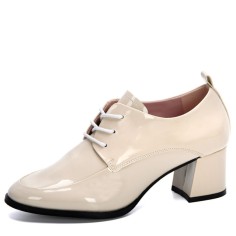 Round Toe Chunky Heels Loafer British Style Low Top Loafers - Beige