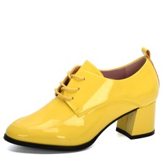 Round Toe Chunky Heels Loafer British Style Low Top Loafers - Yellow