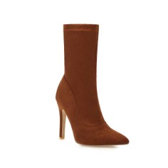 Pointed Toe Stiletto Heels Ankle High Side Zipper Flock Boots  - Brown