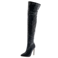 Pointed Toe Over The Knees Stiletto Heels Side Zipper Rivets Boots - Black