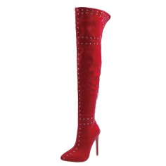 Pointed Toe Over The Knees Stiletto Heels Side Zipper Rivets Boots - Red