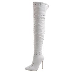 Pointed Toe Over The Knees Stiletto Heels Side Zipper Rivets Boots - White