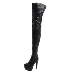 Round Toe Over The Knees Studded Stiletto Heels Side Zipper Rivets Platforms Boots - Black