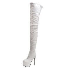 Round Toe Over The Knees Studded Stiletto Heels Side Zipper Rivets Platforms Boots - White