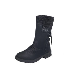 Round Toe Ankle Socks Back Lace-Up Rustic Snow Winter Boots with Side Zipper - Black