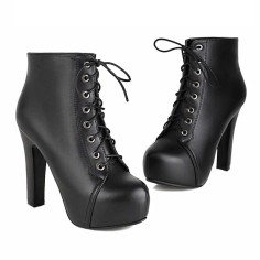 Round Toe Lace Up Block Heels Ankle Highs Low Platforms Boots - Black Faux Leather