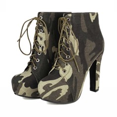 Round Toe Lace Up Block Heels Ankle Highs Low Platforms Camouflage Boots - Green Faux Leather