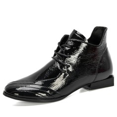 Round Toe Leaf Shaped Lace Up Flats Boots - Black