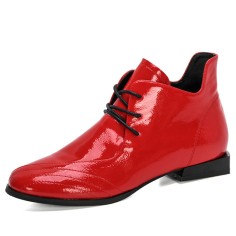 Round Toe Leaf Shaped Lace Up Flats Boots - Red