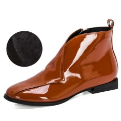 Round Toe Leaf Shaped Side Zipper Lace Up Autumn Flats Boots - Brown