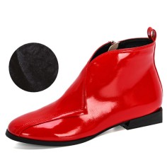 Round Toe Leaf Shaped Side Zipper Lace Up Autumn Flats Boots - Red