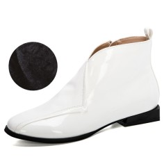 Round Toe Leaf Shaped Side Zipper Lace Up Autumn Flats Boots - White