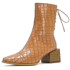Pointed Toe Medium Block Heels Ankle High Autumn Crocodile Embossed Back Lace Up Side Zipper Boots - Yellow