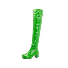 Chunky Heels Round Toe Back Zipper Candy Knee High Boots - Green