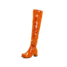 Chunky Heels Round Toe Back Zipper Candy Knee High Boots - Orange