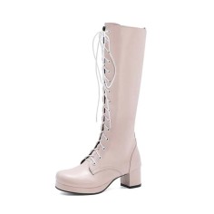 Chunky Heels Round Toe Knee High Lace-Up Boots with Side Zipper - Pink