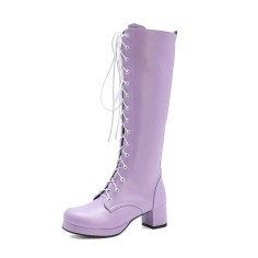 Chunky Heels Round Toe Knee High Lace-Up Boots with Side Zipper - Purple