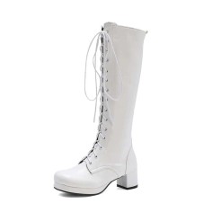 Chunky Heels Round Toe Knee High Lace-Up Boots with Side Zipper - White