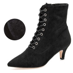 Pointed Toe Kitten Heels Side Zipper Lace Up Autumn Boots - Black