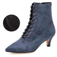 Pointed Toe Kitten Heels Side Zipper Lace Up Autumn Boots - Blue