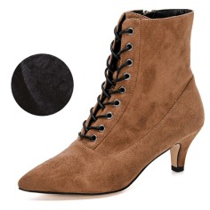 Pointed Toe Kitten Heels Side Zipper Lace Up Autumn Boots - Khaki