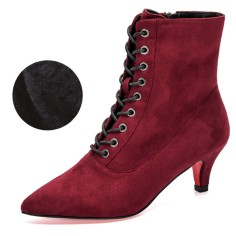 Pointed Toe Kitten Heels Side Zipper Lace Up Autumn Boots - Dull Red