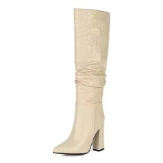 Pointed Toe Chunky Heels Knee Highs Fashionable High Tube Boots - Beige Faux Leather