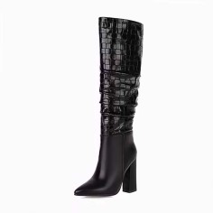 Pointed Toe Chunky Heels Knee Highs Fashionable High Tube Boots - Black Faux Leather