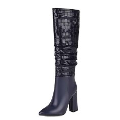 Pointed Toe Chunky Heels Knee Highs Fashionable High Tube Boots - Blue Faux Leather