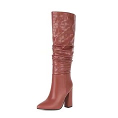 Pointed Toe Chunky Heels Knee Highs Fashionable High Tube Boots - Brown Faux Leather