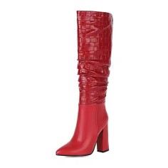 Pointed Toe Chunky Heels Knee Highs Fashionable High Tube Boots - Red Faux Leather