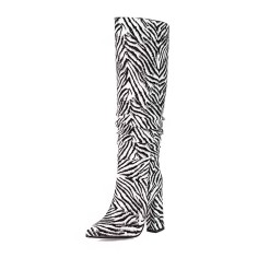 Pointed Toe Chunky Heels Knee Highs Fashionable High Tube Boots - Zebra Faux Leather