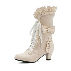 Round Toe Lace Up Victorian Style Butterfly Knot Cosplay Costumes Kitten Heels Knee Highs Booties - Beige