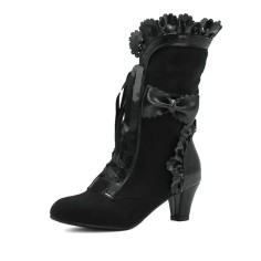 Round Toe Lace Up Victorian Style Butterfly Knot Cosplay Costumes Kitten Heels Knee Highs Booties - Black