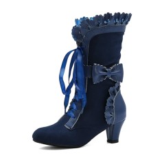 Round Toe Lace Up Victorian Style Butterfly Knot Cosplay Costumes Kitten Heels Knee Highs Booties - Blue