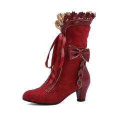 Round Toe Lace Up Victorian Style Butterfly Knot Cosplay Costumes Kitten Heels Knee Highs Booties - Wine Red