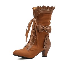 Round Toe Lace Up Victorian Style Butterfly Knot Cosplay Costumes Kitten Heels Knee Highs Booties - Auburn Tan