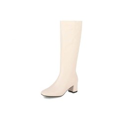 Chunky Heels Pointed Toe Autumn Side Zipper Knee High Boots - Beige