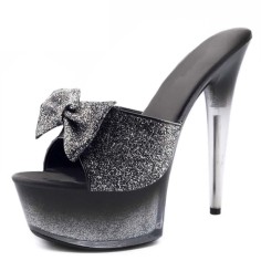 Peep Toe Stiletto Heels Glitters Bowtie Ribbon Platforms Sandals Slippers - Black Sequined Cloth