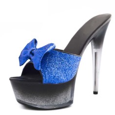 Peep Toe Stiletto Heels Glitters Bowtie Ribbon Platforms Sandals Slippers - Blue Sequined Cloth