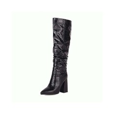 Chunky Block Heels Pointed Toe Knee High Pull On Crocodile Embossed Boots - Black
