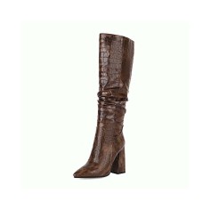 Chunky Block Heels Pointed Toe Knee High Pull On Crocodile Embossed Boots - Brown