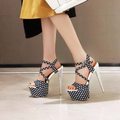 Peep Toe Shiny Silver Stiletto Heels Platforms Star Decorated Cross Straps Catwalk Sandals - Black Faux Leather