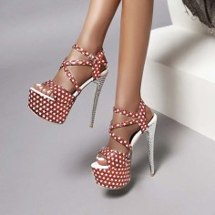 Peep Toe Shiny Silver Stiletto Heels Platforms Star Decorated Cross Straps Catwalk Sandals - Red Faux Leather