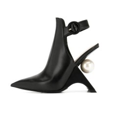 Pointed Toe Faux Bead Pearl Strange Fretwork Heel Ankle High Slingbacks Fashion Pumps - Black