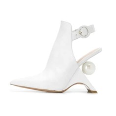 Pointed Toe Faux Bead Pearl Strange Fretwork Heel Ankle High Slingbacks Fashion Pumps - White