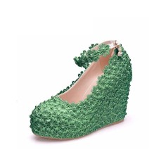 Round Toe 4 Inches Heels Lace Flower Decorated Platforms Ankle Straps StPatricks Wedges - Green