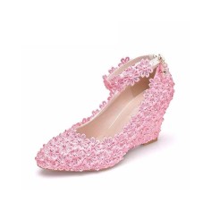 Pointed Toe 3 Inches Heels Lace Flower Decorated Platforms Ankle Straps Wedges - Pink